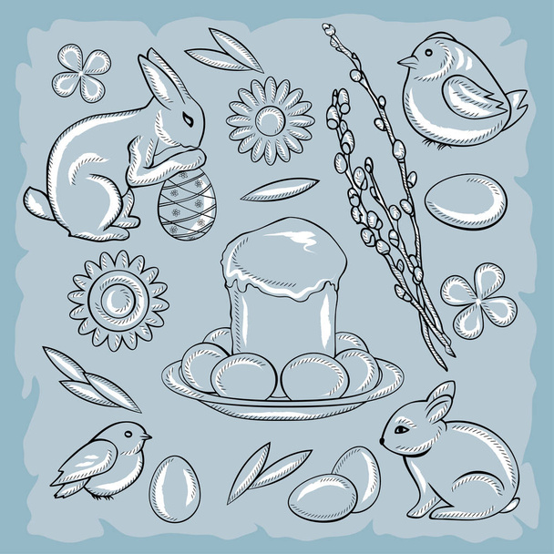 Easter set with rabbit, chicken, Easter cake, flowers, pussy willow and eggs on a blue vintage background - Vector, afbeelding