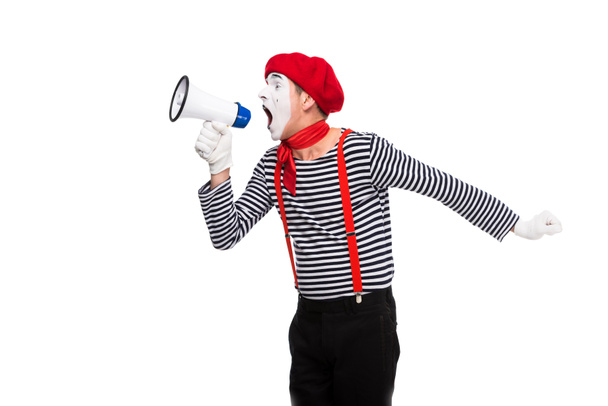 mime shouting in megaphone isolated on white - Photo, Image