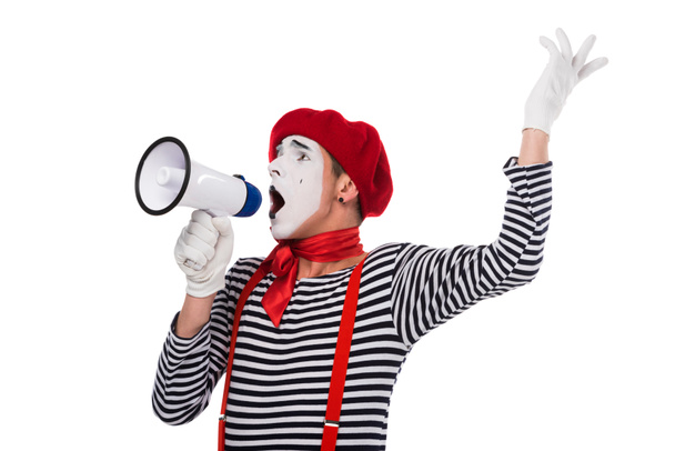 mime は、メガホンで話すと白で隔離を身振りで示す - 写真・画像