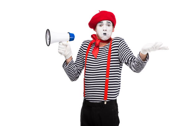 confused mime holding loudspeaker and showing shrug gesture isolated on white - Photo, Image