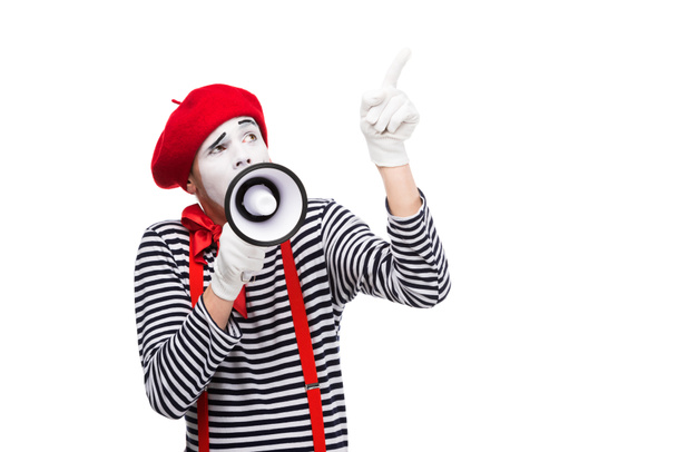 mime speaking in megaphone and pointing up isolated on white - Photo, Image