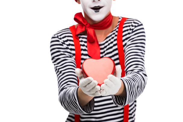 cropped image of mime holding heart shaped gift box isolated on white, st valentines day concept - Photo, Image