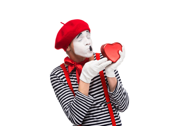 mime kissing heart shaped gift box isolated on white, st valentines day concept - Photo, Image