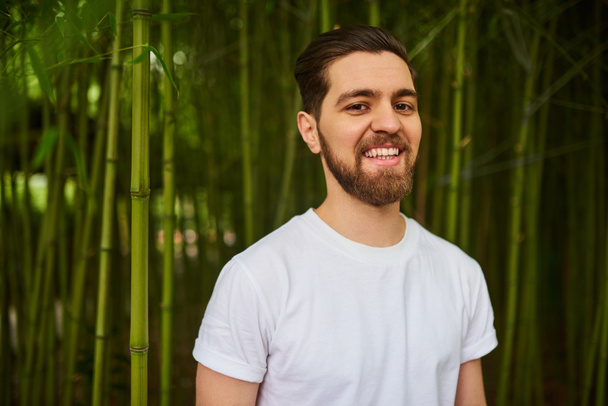 Портрет красивого улыбающегося бородатого человека в зеленом саду
 - Фото, изображение