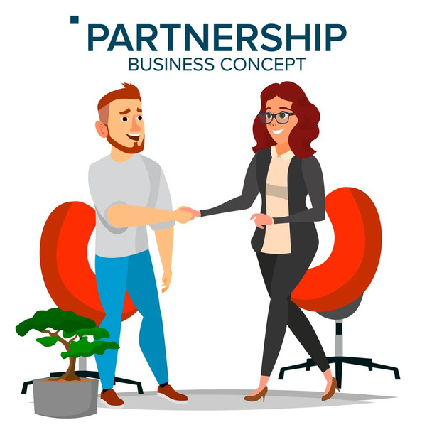 Business Partnership Concept Vector. Business Man And Business Woman. Greeting Shake. Company Cooperation Concept. Isolated Flat Cartoon Illustration - Vector, Image