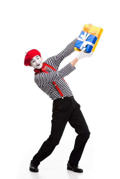 happy mime holding gift boxes isolated on white - Photo, Image