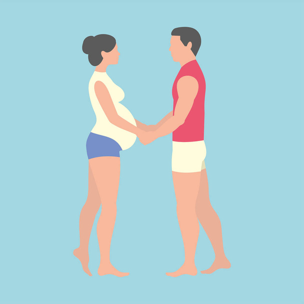 妊娠中の女性と彼女の夫は、青の背景に手を繋いでいます。 - ベクター画像