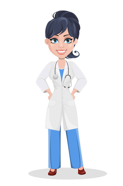 Красивий мультиплікаційний персонаж медик стоїть руками на стегнах
 - Вектор, зображення