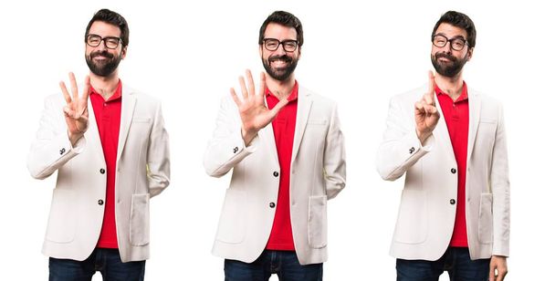 Набір брюнетка людина в окулярах Рахункова п'ять, три а один - Фото, зображення