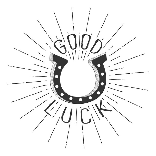 Vector Good Luck monochrome tekst belettering met hoefijzer en stralen van barsten. Geïsoleerd op witte achtergrond. - Vector, afbeelding