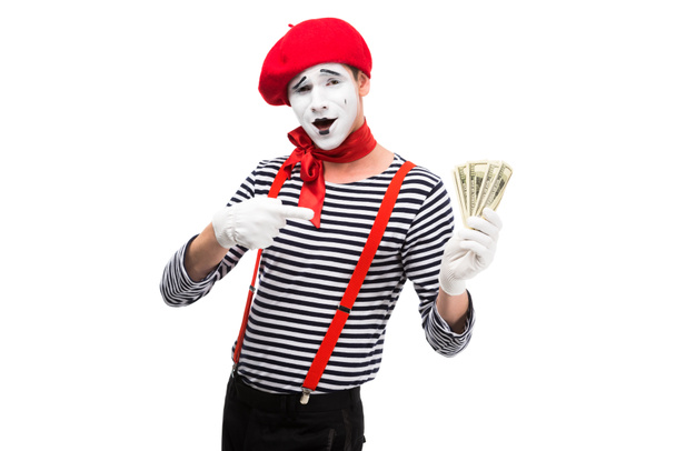 grimacing mime pointing on money isolated on white - Photo, Image