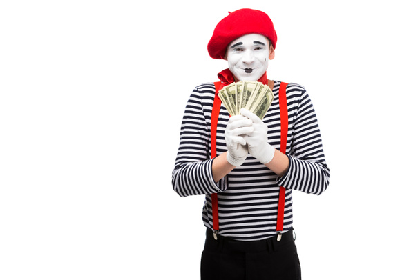 happy mime holding dollars isolated on white - Foto, immagini