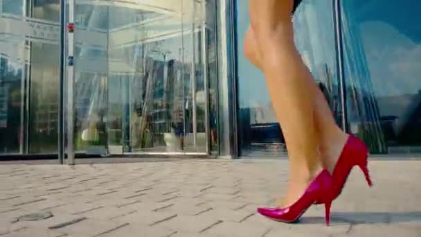 エレガントなビジネス女性が事務所に入る。長い脚にハイヒール。魅力的な女性 - 映像、動画