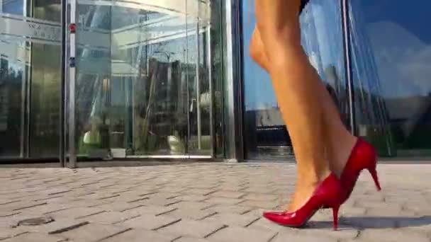 エレガントなビジネス女性が事務所に入る。長い脚にハイヒール。魅力的な女性 - 映像、動画