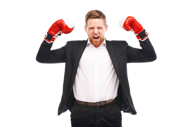Businessman in boxing gloves - 写真・画像