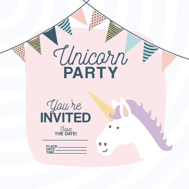 unicorn party invitation card with floral decoration and garlands - Vecteur, image