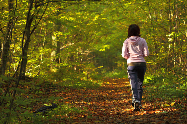Woman walking cross country trail in autumn forest - Foto, Imagem