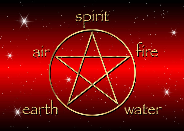 Gold Pentagram icon with five elements : Spirit , Air , Earth , Fire and Water. Golden Symbol of alchemy and sacred geometry. Golden Vector Emblem in red galaxy background with stars - Vector, Image