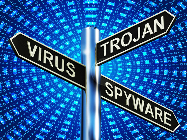 Virus Trojan Spyware Signpost Mostrando Internet 3d Illustrazione
 - Foto, immagini