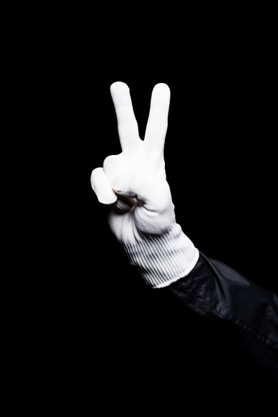 cropped image of mime showing peace sign isolated on black - Фото, изображение