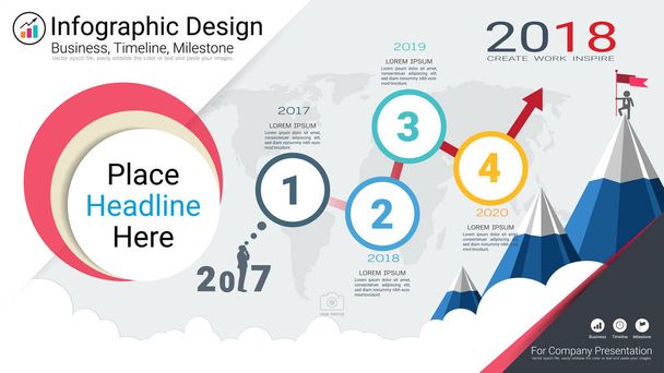 Business infographics template, Milestone timeline or Road map with Process flowchart 4 options, Strategic plan to define company values, Scheduling in project management to make facts and statistics. - Vector, Image