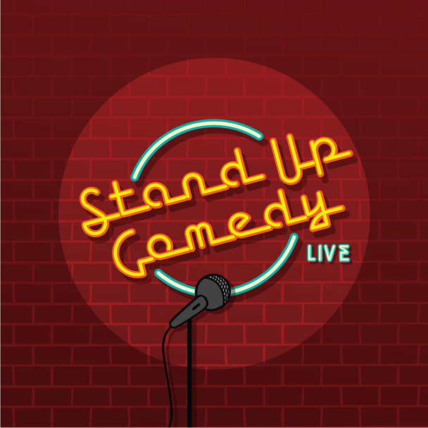 stand-up show stage with bright signboard on brick wall and microphone  - Vector, Image