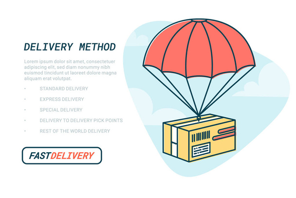 Delivery service concept. Flat outline design colored vector illustration of package with parachute. Fast Delivery Service, Parcels Delivery, Free shipping web banners template. - Vector, Image