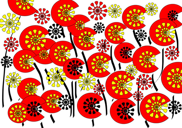 明るいモダンな抽象花柄赤黄色と黒プレーン白い背景の上で - 写真・画像