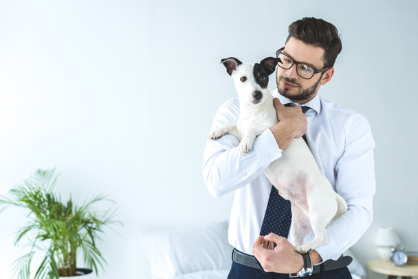 όμορφος επιχειρηματία σε γυαλιά κρατώντας Τζακ Ράσελ τεριέ του σκύλου - Φωτογραφία, εικόνα