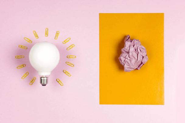 great idea concept with crumpled colorful paper and light bulb o - Photo, Image