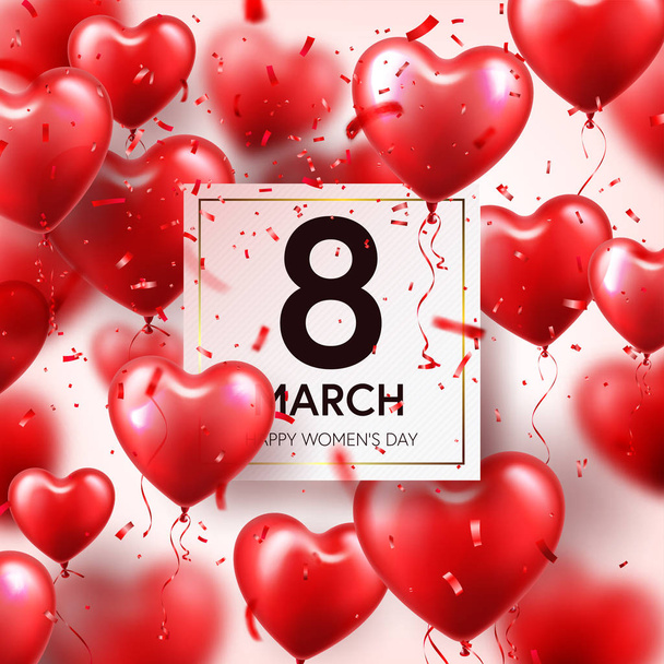 Frauentag roter Hintergrund mit Luftballons, Herzform, Konfetti und Schleife. Liebessymbol. Ich liebe dich. Frühlingsferien. - Vektor, Bild