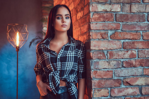 Portrait of an attractive hipster girl wearing flannel shirt leaning on the wall in a room with loft interior. - Fotografie, Obrázek