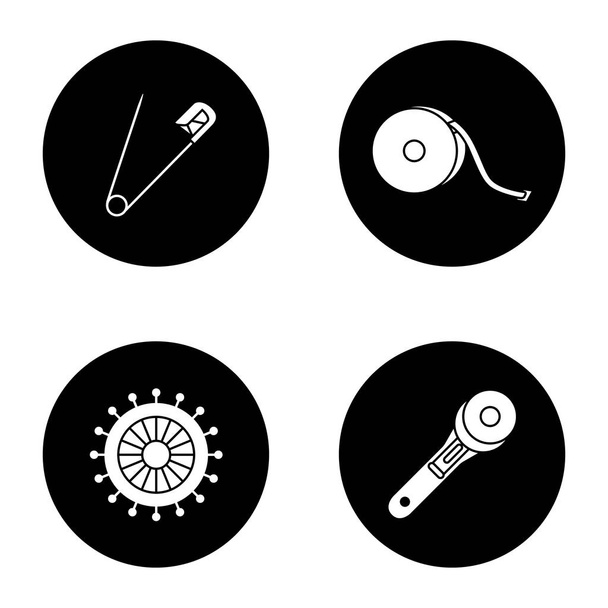 Tailoring glyph icons set. Safety and straight pins, measuring tape, rotary cutter. Vector white silhouettes illustrations in black circles - Vettoriali, immagini