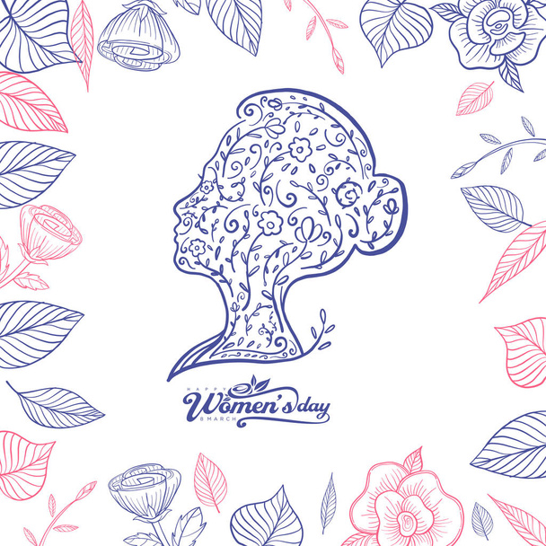 Hand Drawn Womens Day greeting card with floral women silhouette, vector Illustration  - Vettoriali, immagini
