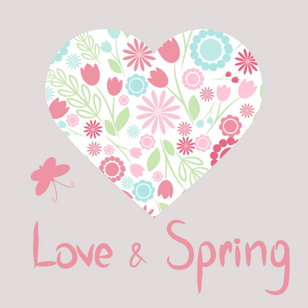Greeting card with "Love and Spring" phrase, floral heart.Vector Illustration. - Vektör, Görsel