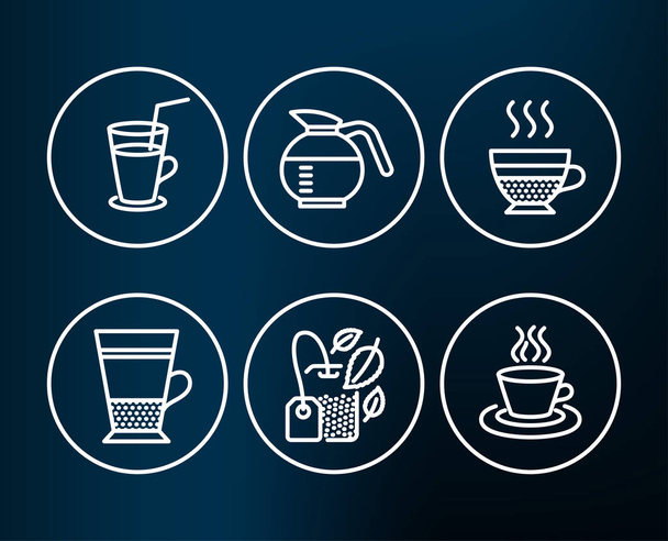 Set of Mint bag, Cocktail and Double latte icons. Coffeepot, Cafe creme and Tea cup signs - Vecteur, image