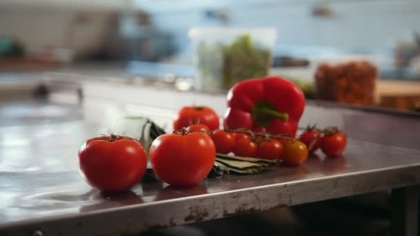 Овочі, помідори, паприка, цибуля-порей лежать на столі на комерційній кухні
 - Кадри, відео