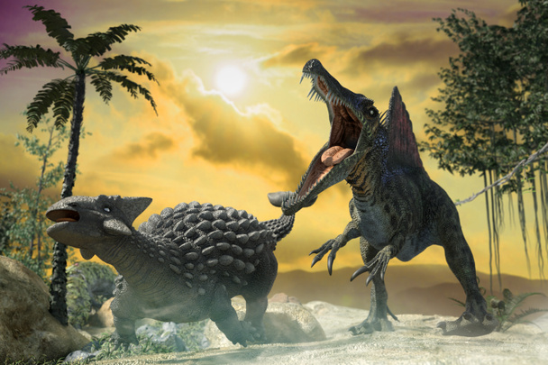 3D-Illustration eines Kampfes zwischen zwei prähistorischen Dinosauriern - Foto, Bild