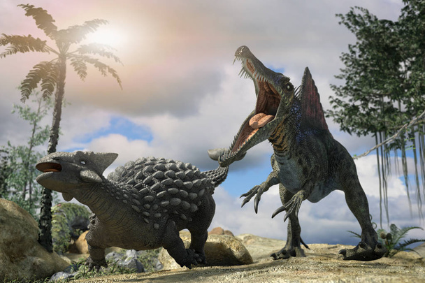Ilustración 3D de una batalla entre dos dinosaurios prehistóricos
 - Foto, imagen