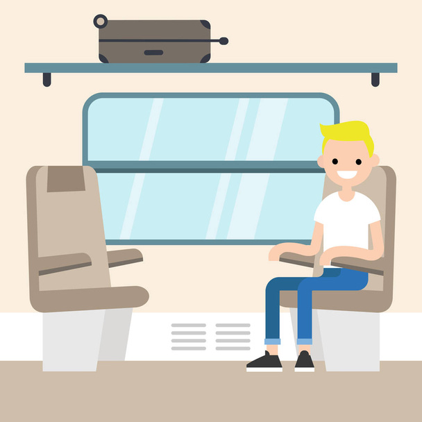 Young passenger sitting in the train compartment / editable flat - Vector, imagen