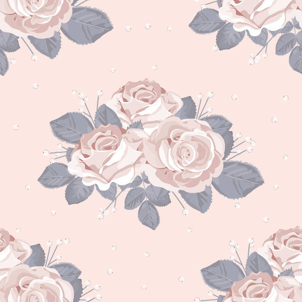 Retro floral seamless pattern. White roses with blue gray leaves on pastel pink background. Vector illustration - Vektor, kép
