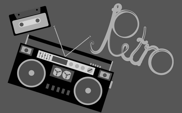 Zwart-wit oude retro vintage hipster muziek audio taperecorder en audio cassette en retro inscriptie. Vectorillustratie. - Vector, afbeelding