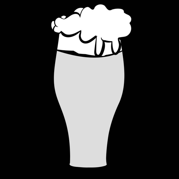 Black and white glass of light cold beer lager with thick white foam on a black background. Vector illustration. - Vector, Image
