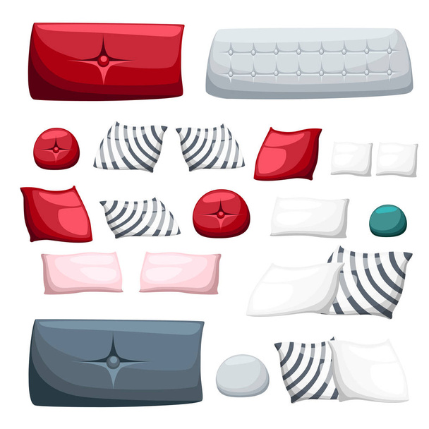 白い背景ベクトル イラスト web サイト ページとモバイル アプリの設計インテリア ソファの椅子の装飾のための異なった装飾的な枕マルチカラーまくらのセット - ベクター画像