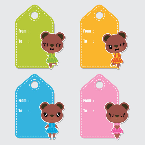 Cute colorful bear girls vector cartoon illustration for Birthday gift tags design, postcard and sticker set - Vector, imagen