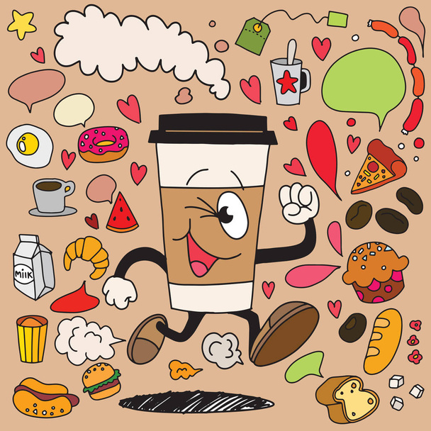 Ilustração vetorial de sorriso taça de café takeaway correndo em brea
 - Vetor, Imagem