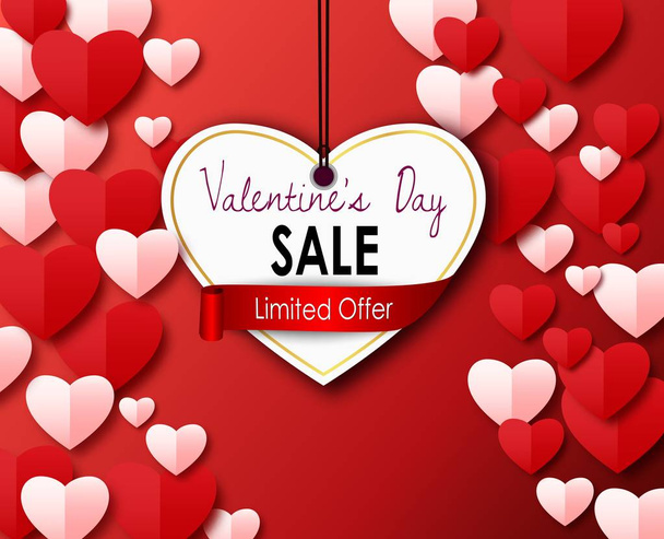 Vector illustration of Valentines day sale with paper cutting heart on a red background - Vector, Image