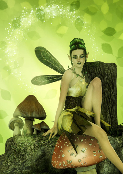 Retrato de fantasía de un hada sentada en un hongo
. - Foto, imagen