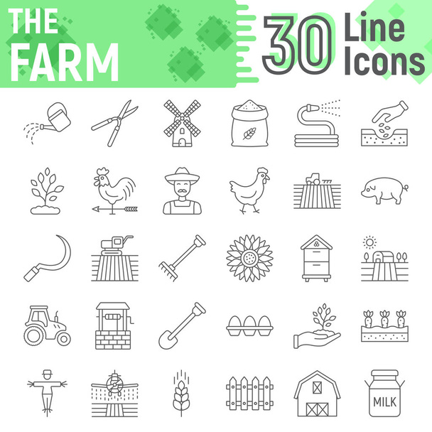 Conjunto de iconos de línea delgada de granja, colección de símbolos agrícolas, bocetos vectoriales, ilustraciones de logotipos, signos agrícolas paquete de pictogramas lineales aislados sobre fondo blanco, eps 10
. - Vector, imagen