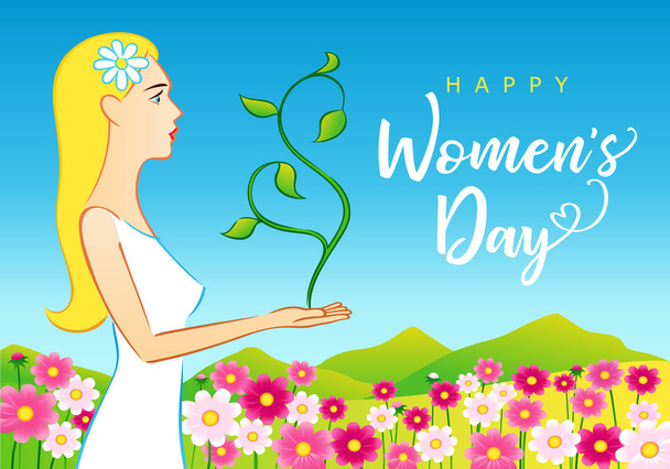3 月 8 日、幸せな女性の日美人グリーティング カード。ベクトル文字で国際婦人デーのイラストと春の背景に美しい女性 - ベクター画像